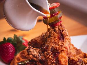 Gastronomy Restaurant Fried Chicken & Waffles with Syrup